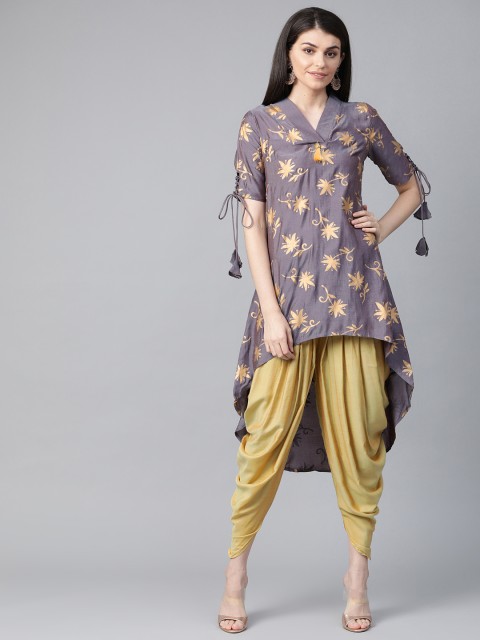 

Anouk Women Charcoal Grey Dual Toned & Golden Printed High-Low Kurta with Dhoti Pants