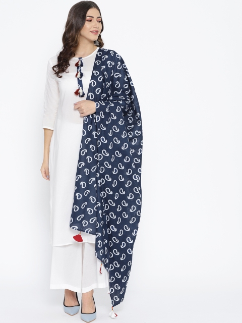 

Anouk Women White & Navy Blue Solid Kurta with Palazzos & Dupatta