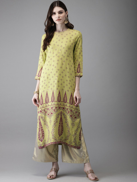 

Anouk Women Olive Green & Pink Foil Printed Straight Kurta