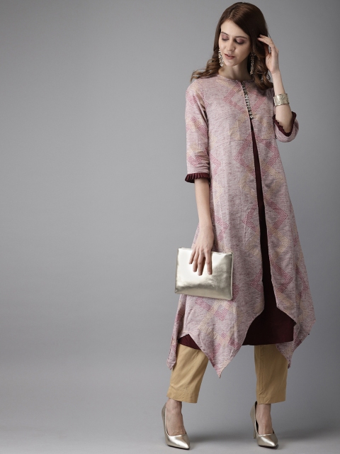 

Anouk Women Burgundy Solid Straight Kurta with Asymmetric Hemline Jacket