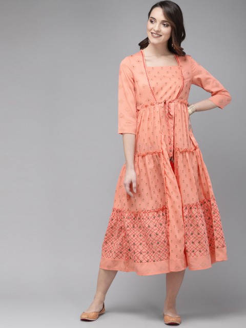 

Anouk Women Peach-Coloured Floral Printed A-Line Tiering Kurta
