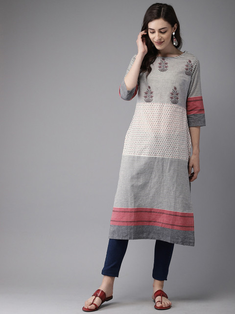 

Anouk Women Grey & White Printed Straight Kurta