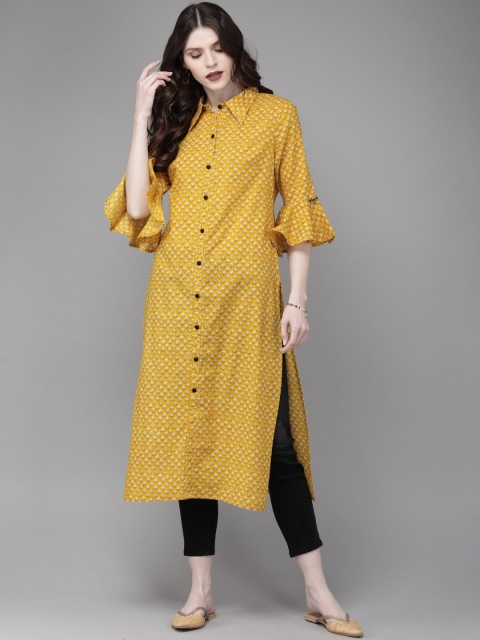 

Anouk Women Mustard Yellow & Black Floral Printed Straight Kurta