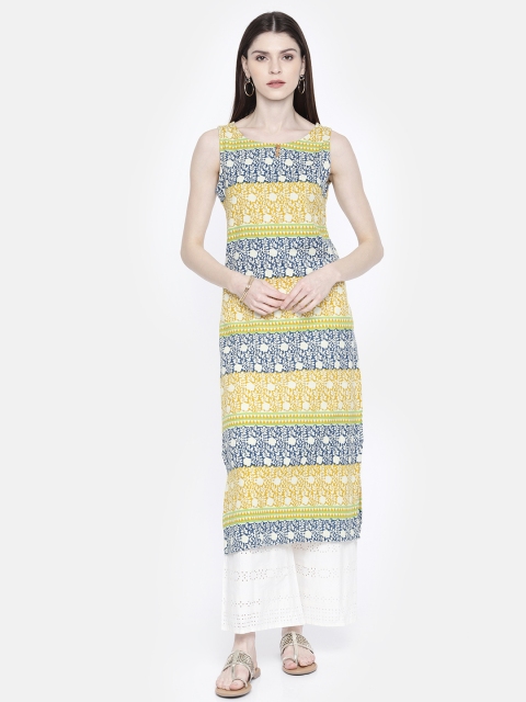 

Anouk Women Yellow & Blue Printed Straight Kurta