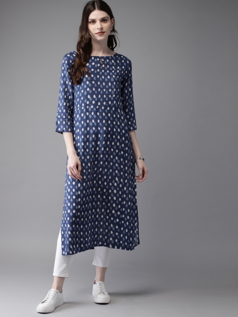 

Anouk Women Navy Blue & White Printed Straight Kurta
