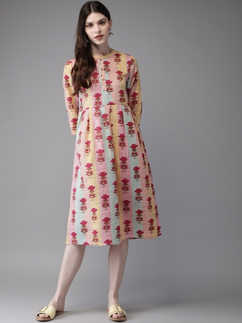 

Anouk Women Beige & Pink Printed A-Line Pleated Kurta