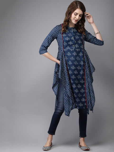 

Anouk Women Navy Blue & White Printed Asymmetric Hemline Straight Kurta
