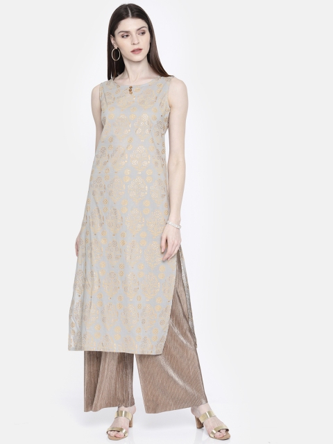 

Anouk Women Grey & Gold-Toned Printed Straight Kurta