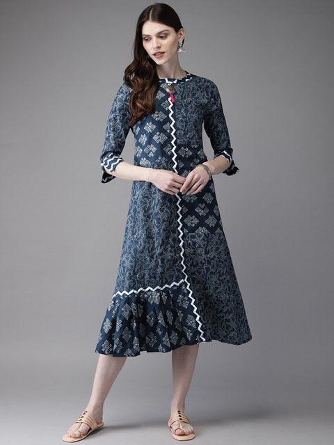 

Anouk Women Navy Blue & White Printed A-Line Kurta