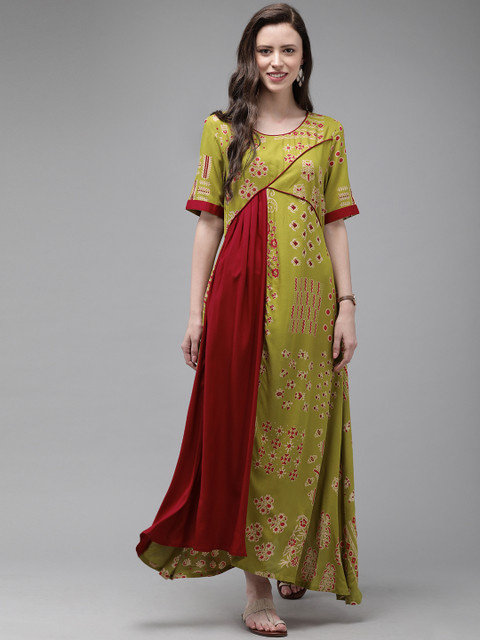 

Anouk Women Olive Green & Red Printed A-Line Kurta