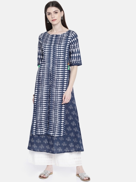 

Anouk Women Navy Blue & White Printed A-Line Fusion Kurta