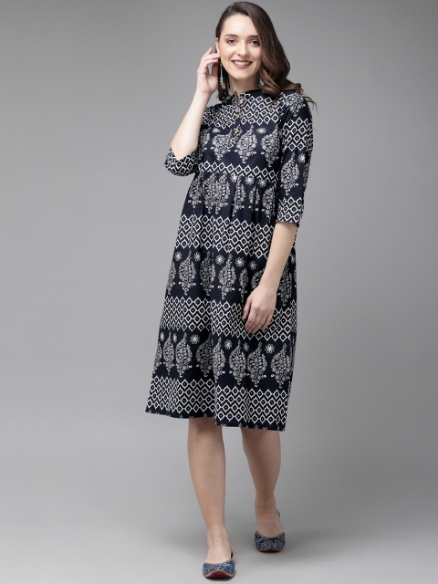 

Anouk Women Navy Blue & White Printed Anarkali Fusion Kurta
