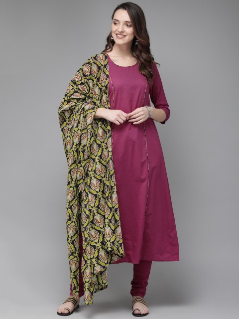 

Anouk Women Fuchsia Pink Solid Kurta with Churidar & Printed Dupatta