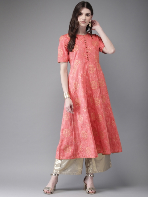 

Anouk Women Peach-Coloured & Gold-Toned Printed A-Line Kurta