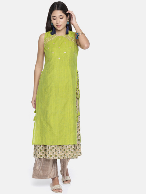 

Anouk Women Green & Beige Printed A-Line Fusion Layered Kurta