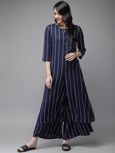 

Anouk Women Navy Blue & White Striped Kurta with Palazzos