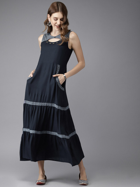 

Anouk Women Navy Blue Solid A-Line Tiered Kurta