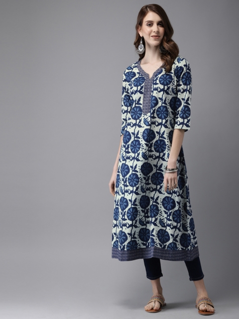 

Anouk Women Navy Blue & Grey Printed A-Line Kurta