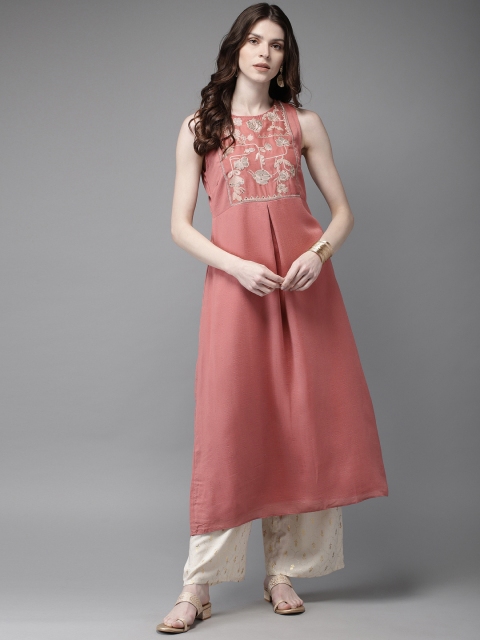 

Anouk Women Pink & Beige Embroidered Yoke Design A-Line Kurta