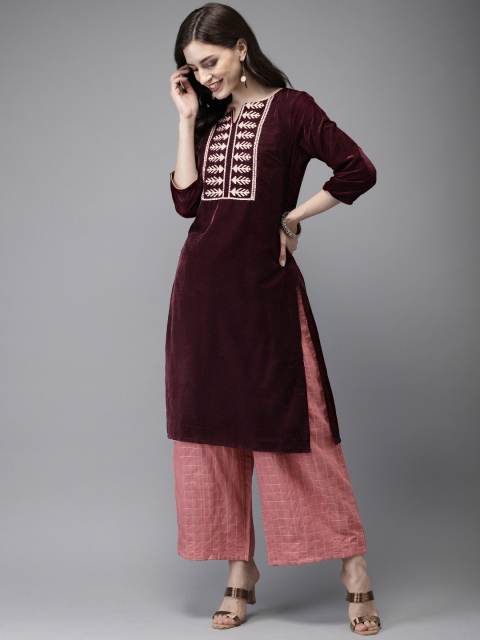 

Anouk Women Burgundy Velvet Kurta with Gold Zari Embroidered Yoke