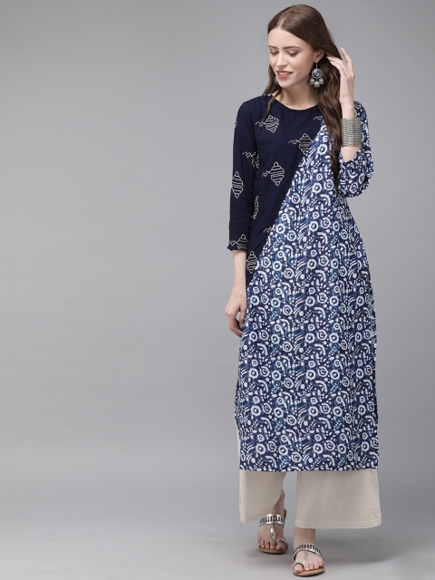 

Anouk Women Navy Blue & White Printed Straight Kurta