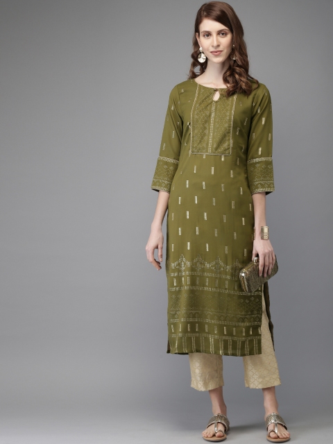 

Anouk Women Olive Green Gold Foil Print Straight Kurta