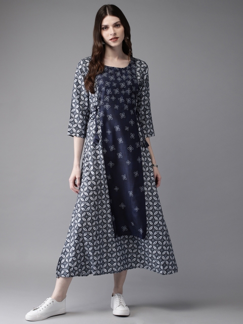 

Anouk Women Navy Blue & White Printed A-Line Kurta