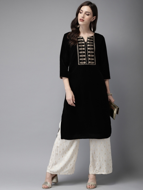 

Anouk Women Black Velvet Kurta with Gold Zari Embroidered Yoke