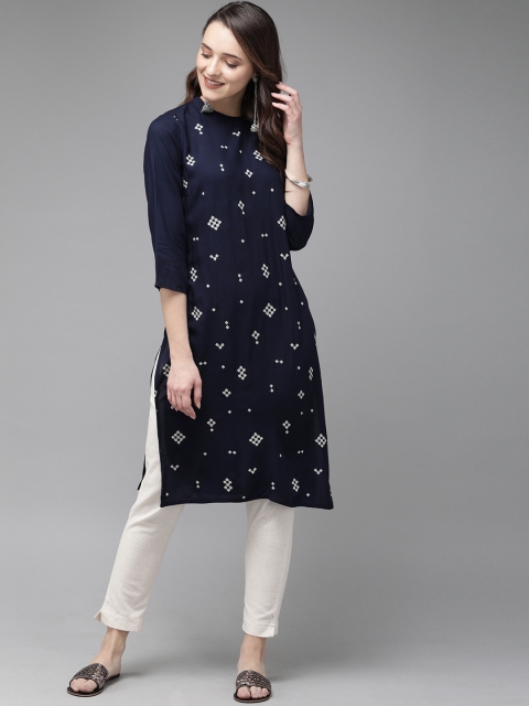 

Anouk Women Navy Blue Embroidered Straight Kurta