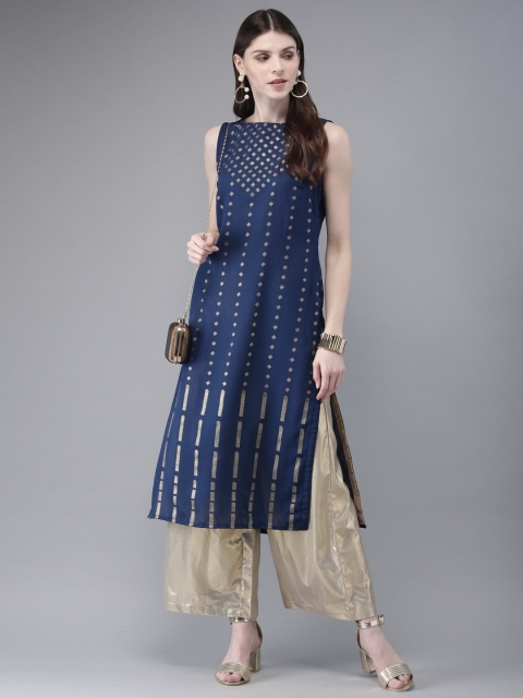 

Anouk Women Navy Blue Foil Print Straight Kurta