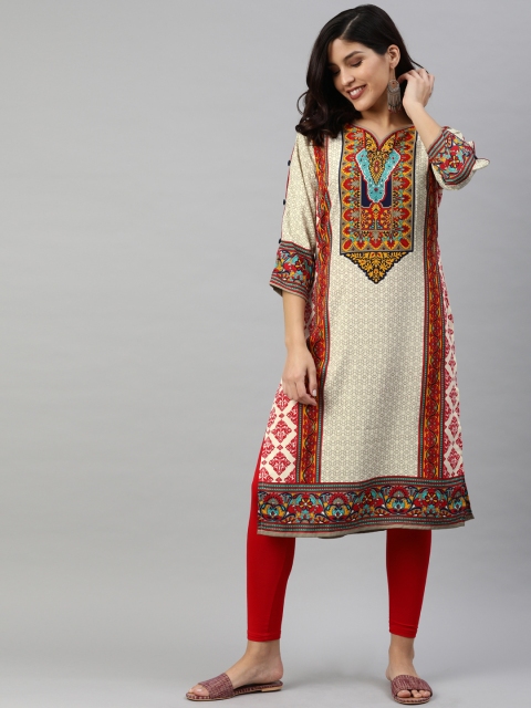 

Anouk Women Beige & Red Printed Straight Kurta