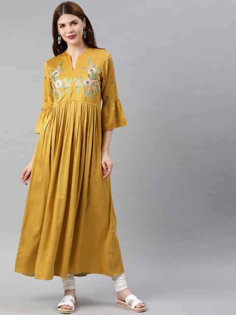 

Anouk Women Mustard Yellow Floral Embroidered A-Line Kurta
