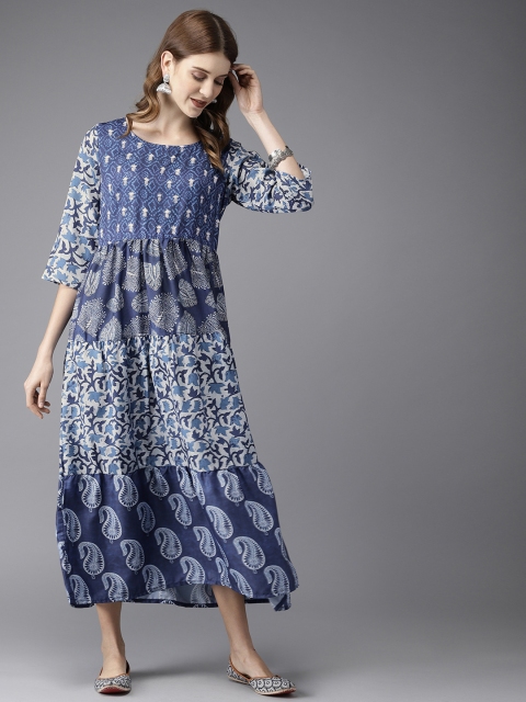 

Anouk Women Navy Blue & Grey Printed A-Line Kurta