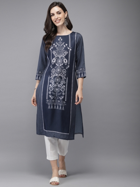 

Anouk Women Navy Blue & Grey Printed Straight Kurta