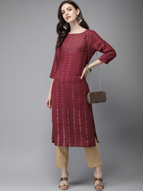 

Anouk Women Maroon Foil Print Straight Kurta