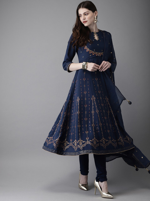 

Anouk Women Blue Printed & Embroidered Kurta with Churidar & Dupatta
