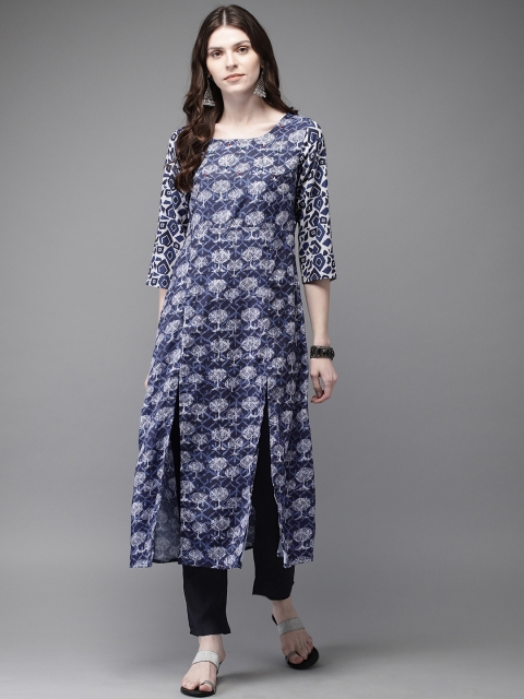 

Anouk Women Navy Blue & White Printed Kurta with Trousers