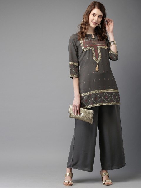 

Anouk Women Grey Foil Print Kurti with Palazzos