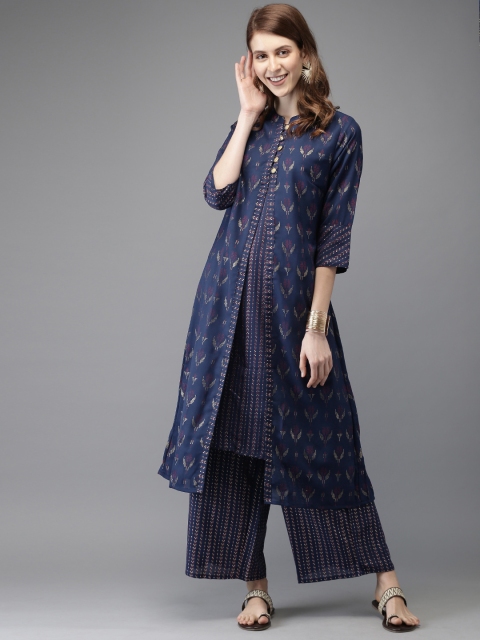 

Anouk Women Navy Blue & Gold Foil Print Kurta with Palazzos