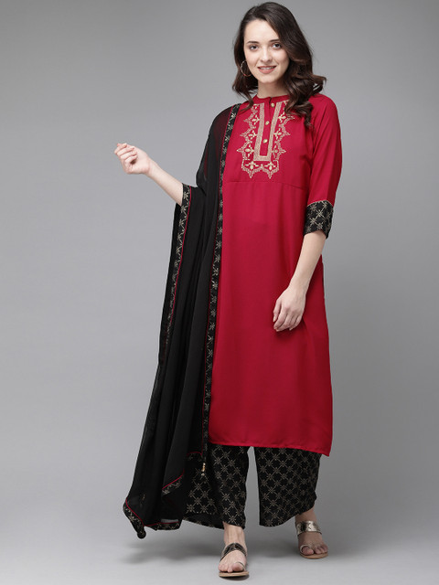 

Anouk Women Red & Black Foil Print & Embroidered Detail Kurta with Palazzos & Dupatta