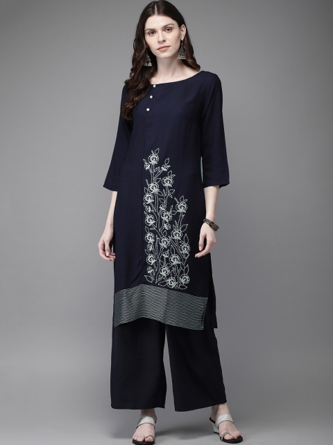 

Anouk Women Navy Blue Embroidered Kurta with Palazzos