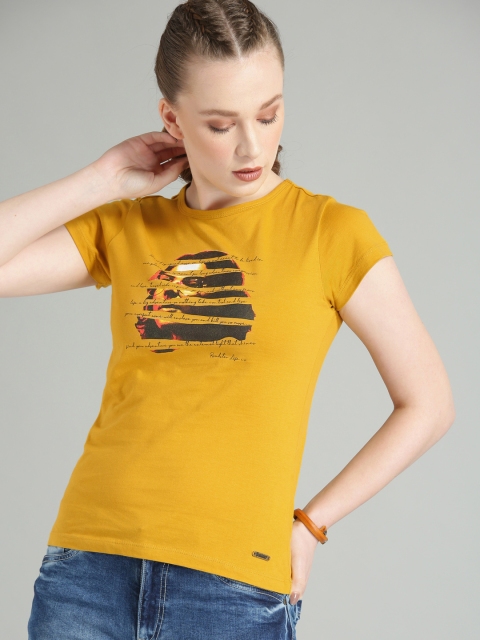 

Roadster Women Mustard Yellow Printed Round Neck T-shirt