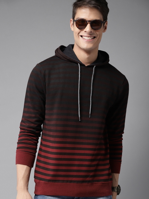 

HERE&NOW Men Maroon & Black Striped Hooded Sweatshirt