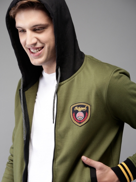 

HERE&NOW Men Olive Green Solid Hooded Sweatshirt