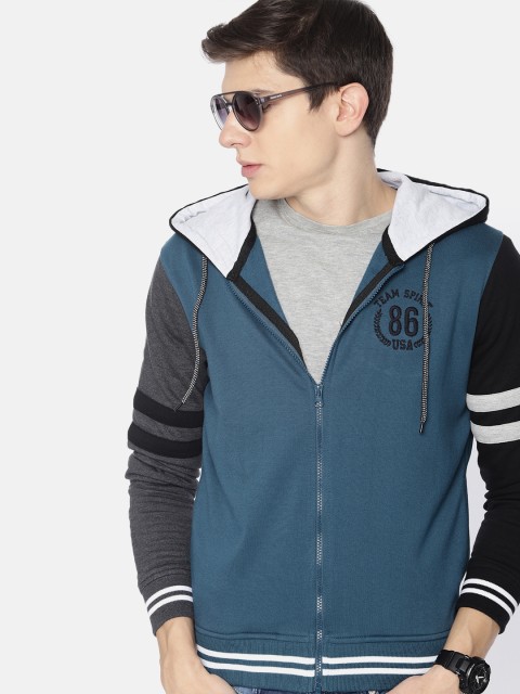 

HERE&NOW Men Teal-Blue Solid Hooded Sweatshirt