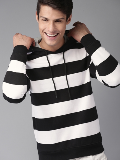 

HERE&NOW Men White & Black Striped Hooded Sweatshirt
