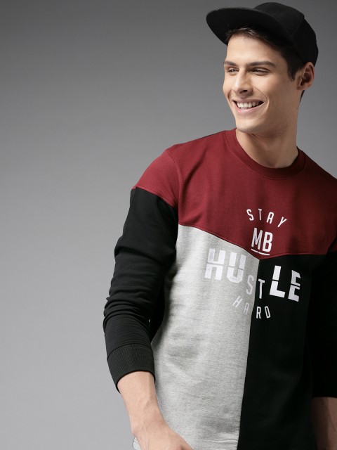 

HERE&NOW Men Maroon & Grey Colourblocked Sweatshirt