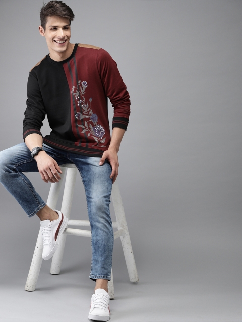 

HERE&NOW Men Black & Maroon Printed Sweatshirt