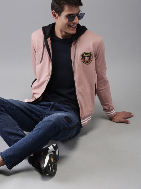 

HERE&NOW Men Peach-Coloured Solid Hooded Sweatshirt