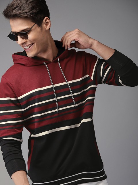 

HERE&NOW Men Black & Maroon Striped Hooded Sweatshirt